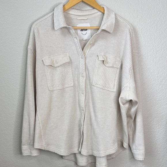 Aerie LumberJane Button Down Shirt Oversized Waffle Knit Cream size Medium - Picture 2 of 9